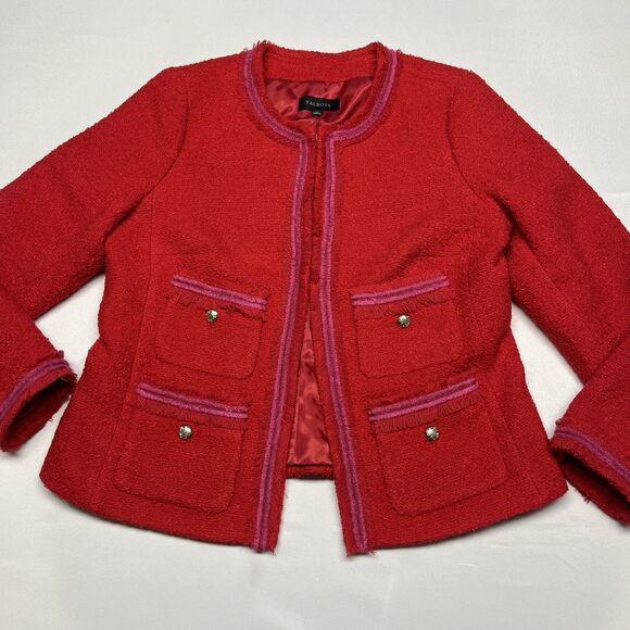 Talbots Tweed Blazer Red Fringe Wool Blend - Picture 3 of 10
